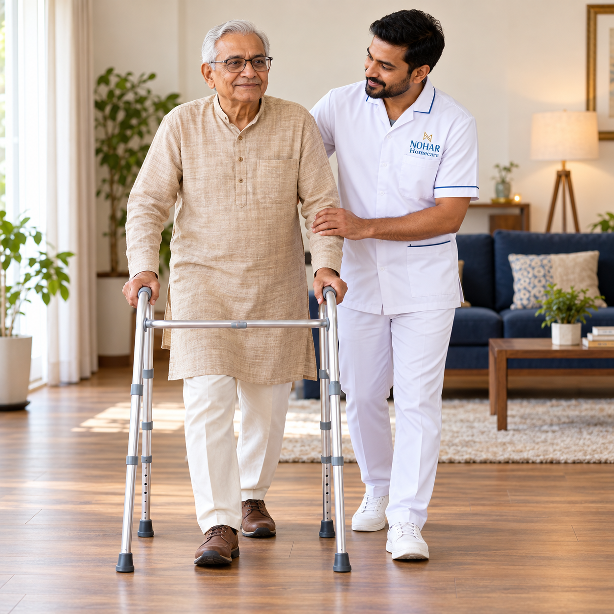 NOHAR Homecare nurse providing home healthcare to an elderly patient in Gurgaon