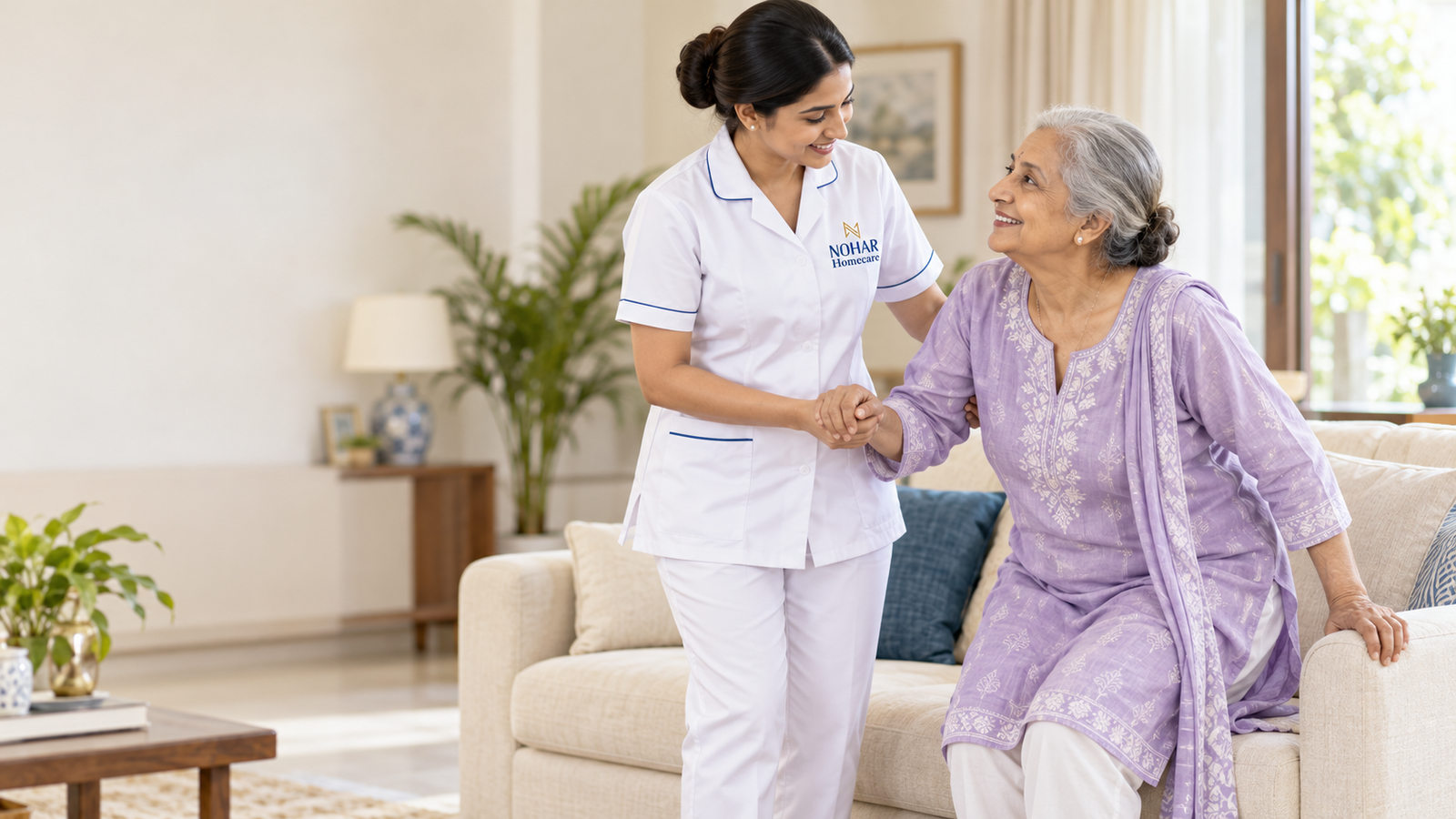 Nurse caring for an elderly patient at home