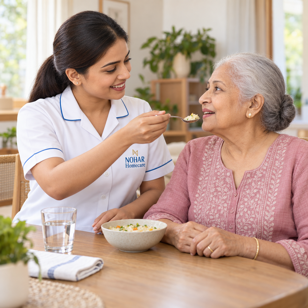 Caregiver assisting a senior citizen with elder care at home